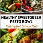 Colorful chicken pesto quinoa bowl with greens and grains, inspired by Sweetgreen Recipes.